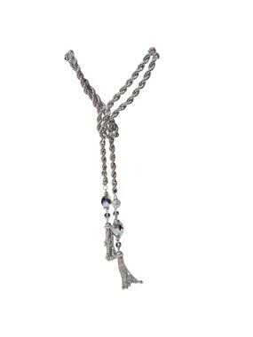 Elegant Silver Braided Chain Necklace Crystal Bead Tassel Design Fashion Jewelry